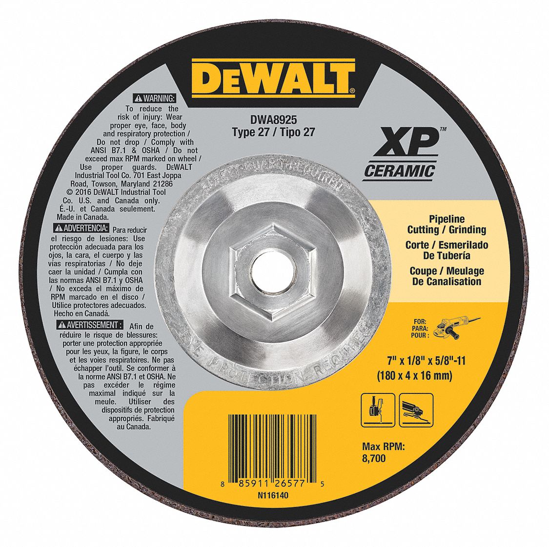 CUT-OFF & GRINDING WHEEL, TYPE 27, 7 IN X 1/8 IN X ⅝