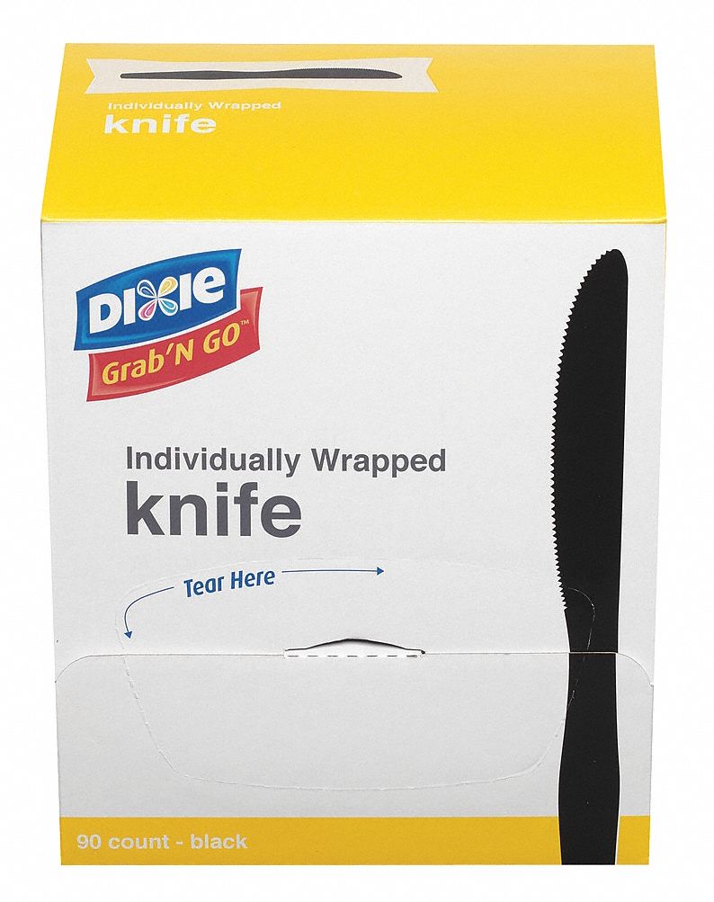 Disposable Knife: Black, Medium-Wt, Plastic, Wrapped, 540 PK