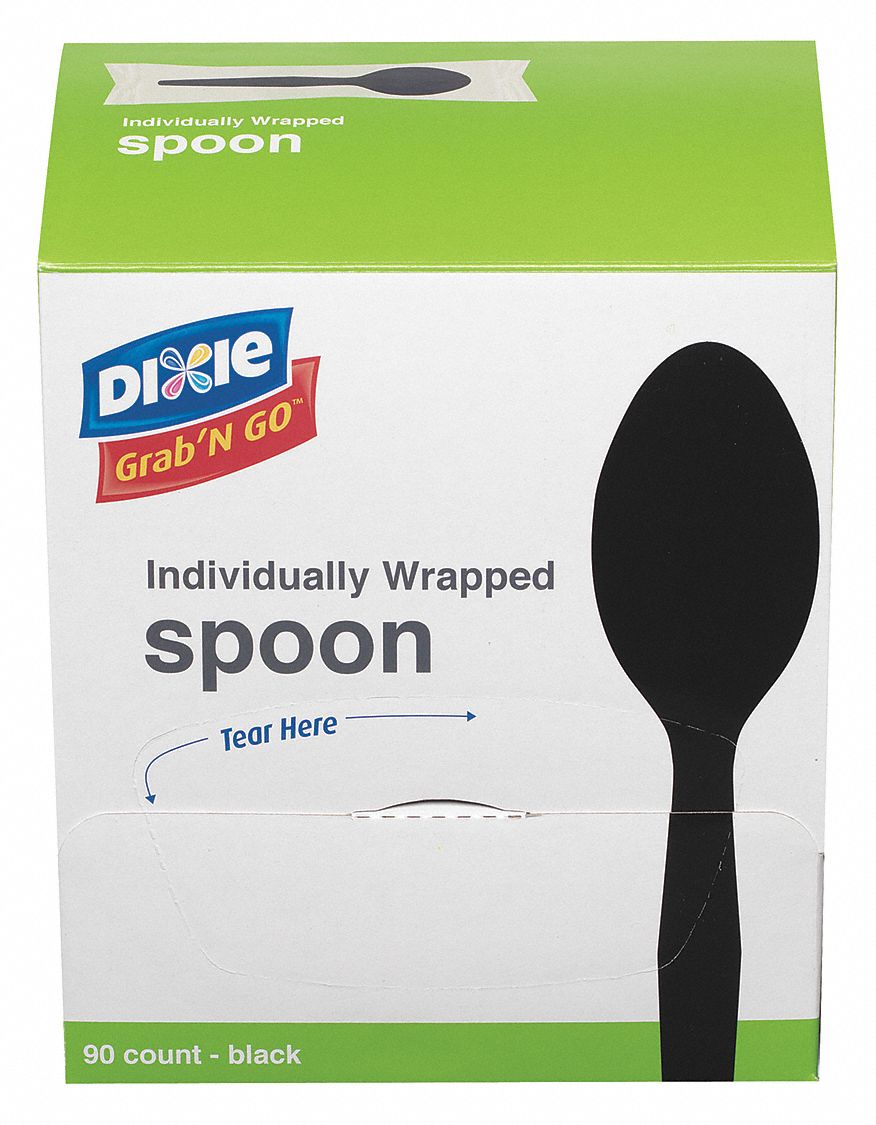 Disposable Spoon: Black, Medium-Wt, Plastic, Wrapped, 540 PK