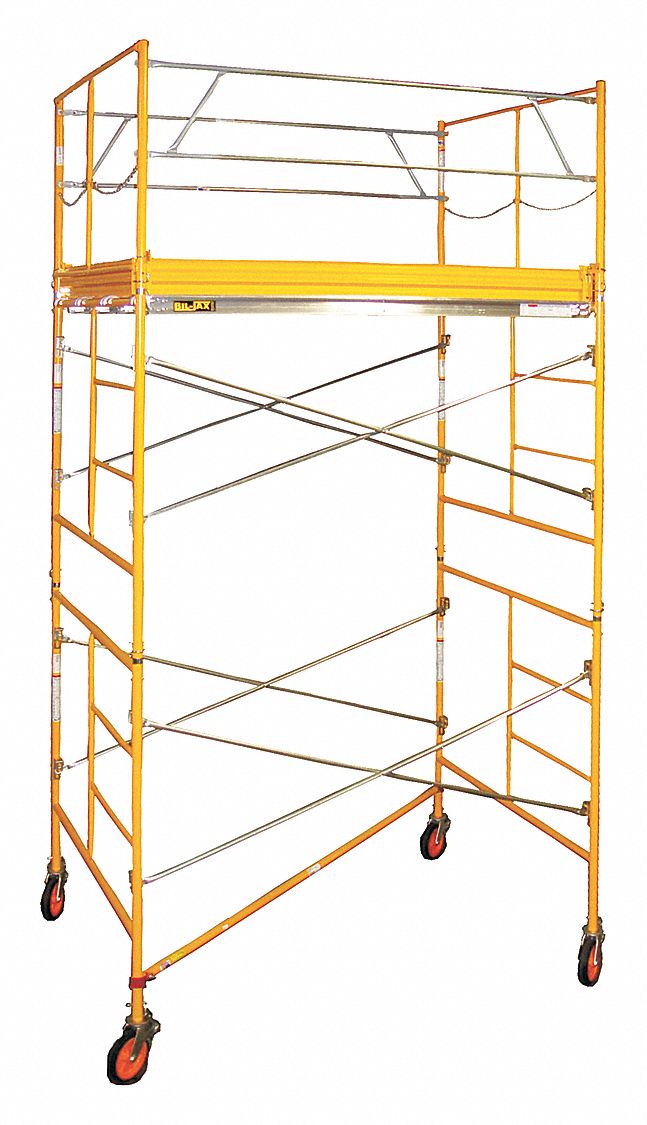Scaffold Tower: Aluminum/Steel/Wood, 2 ft to 11 ft, 120 in x 57 in, 2, 000 lb Load Capacity
