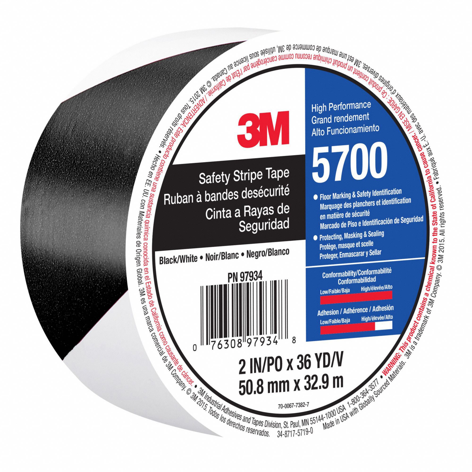 Floor Marking Tape: Gen Purpose, Striped, Black/White, 2 in x 108 ft, 5.4 mil Tape Thick