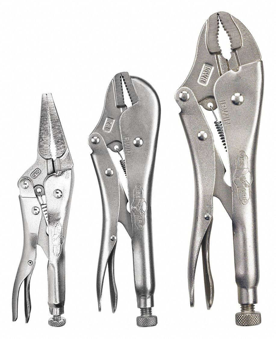 LOCKING PLIERS SET, CURVED, 1½ IN/1⅞ IN/2 IN MAX JAW OPENING, 6 IN/7 IN/10 IN OVERALL L