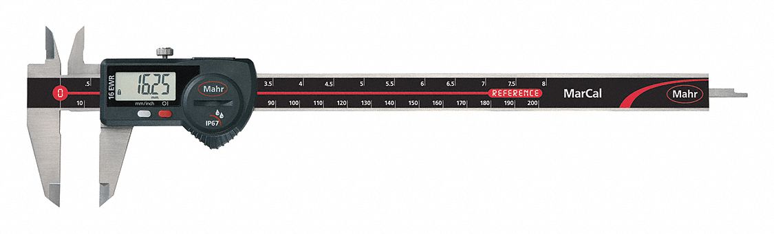 4-Way Digital Caliper: 0 in to 8 in /0 mm to 200 mm, IP67, Inch/Metric, Cabled, Stainless Steel