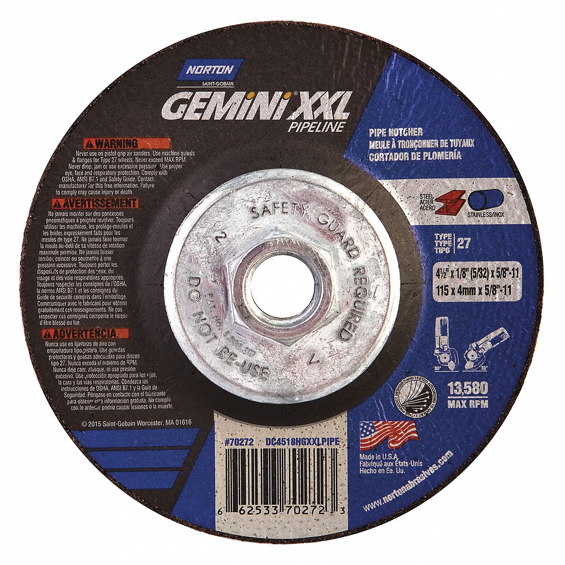 CUT-OFF & GRINDING WHEEL, TYPE 27, 4½ IN X 1/8 IN X ⅝