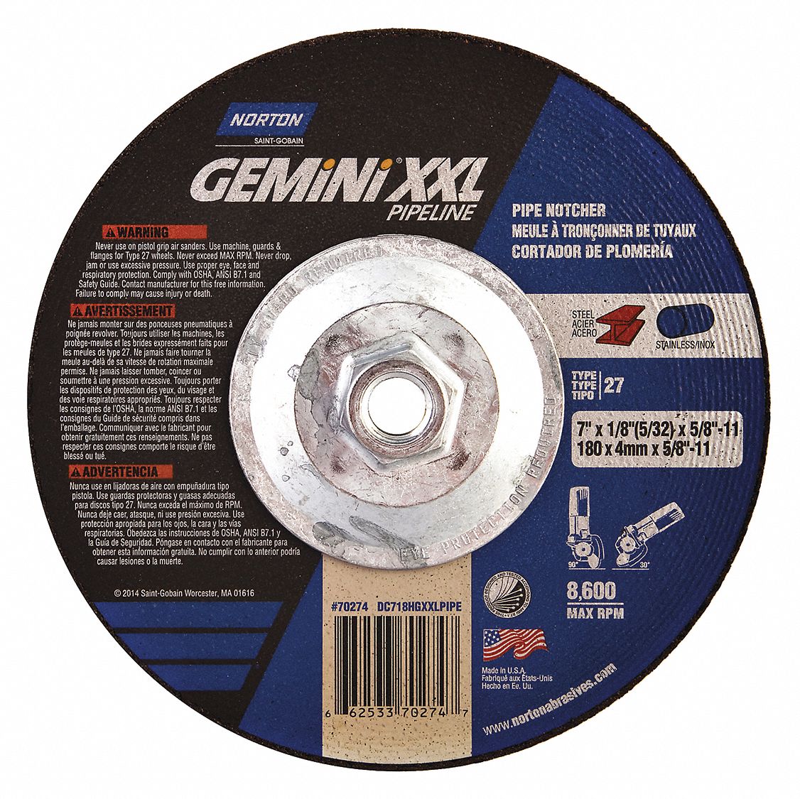 CUT-OFF & GRINDING WHEEL, TYPE 27, 7 IN X 1/8 IN X ⅝