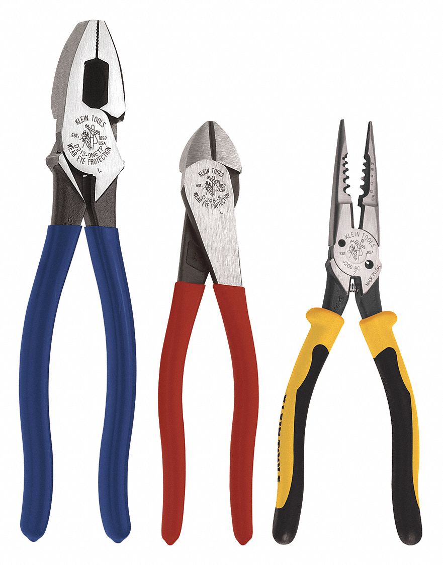 KLEIN TOOLS Plier Set 3 Pliers, Std Cushion Grip, Spring Return