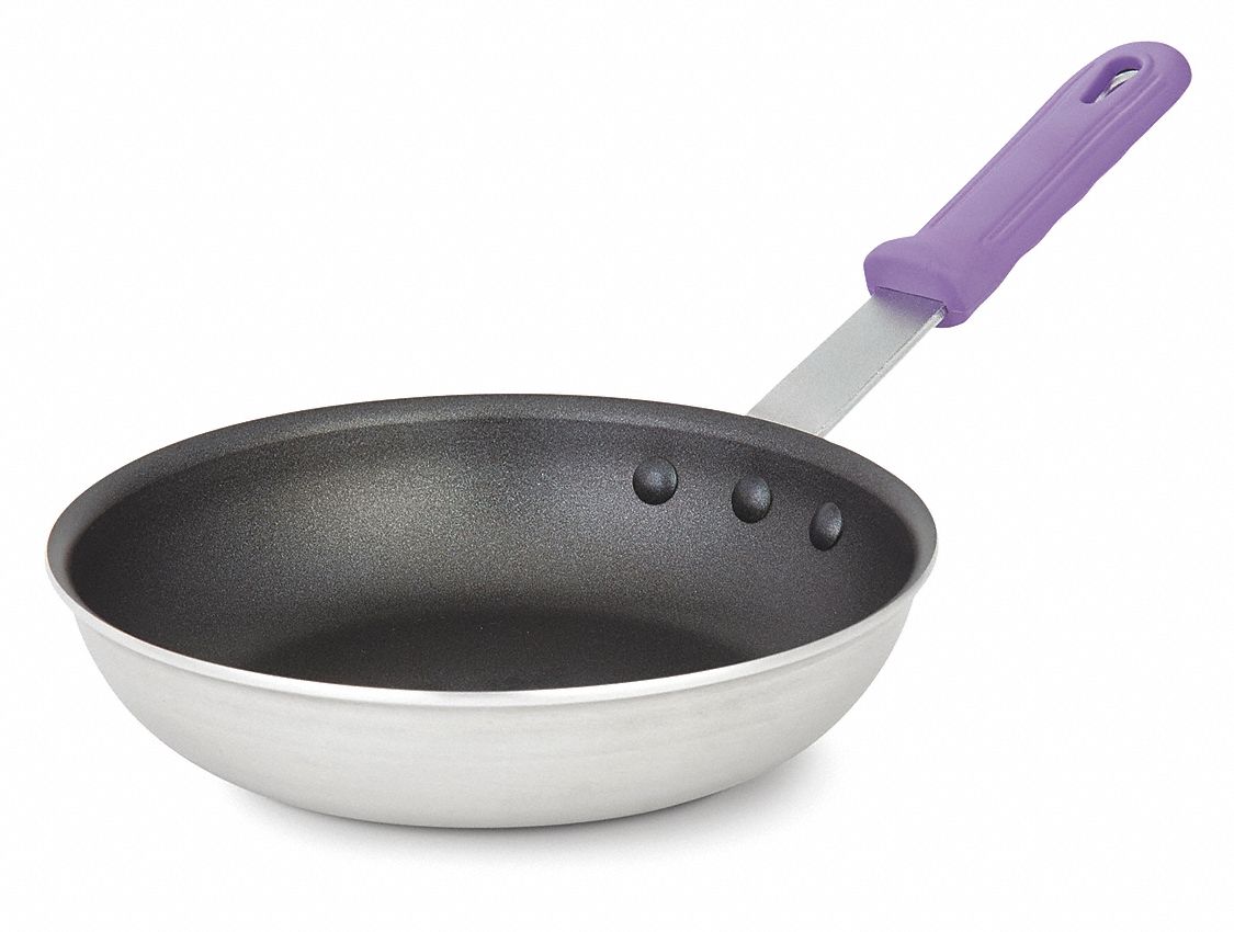 Fry Pan: Non-Stick, 8 in Top Dia, Aluminum, Black/Silver, Silicone, NSF Certified, Aluminum