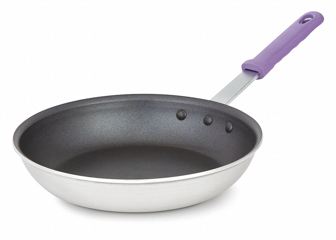 Fry Pan: Non-Stick, 10 in Top Dia, Aluminum, Black/Silver, Silicone, NSF Certified, Purple