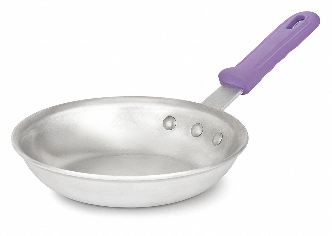 Fry Pan: 7 in Top Dia, Aluminum, Silver, Silicone, NSF Certified, Natural, Aluminum, Purple