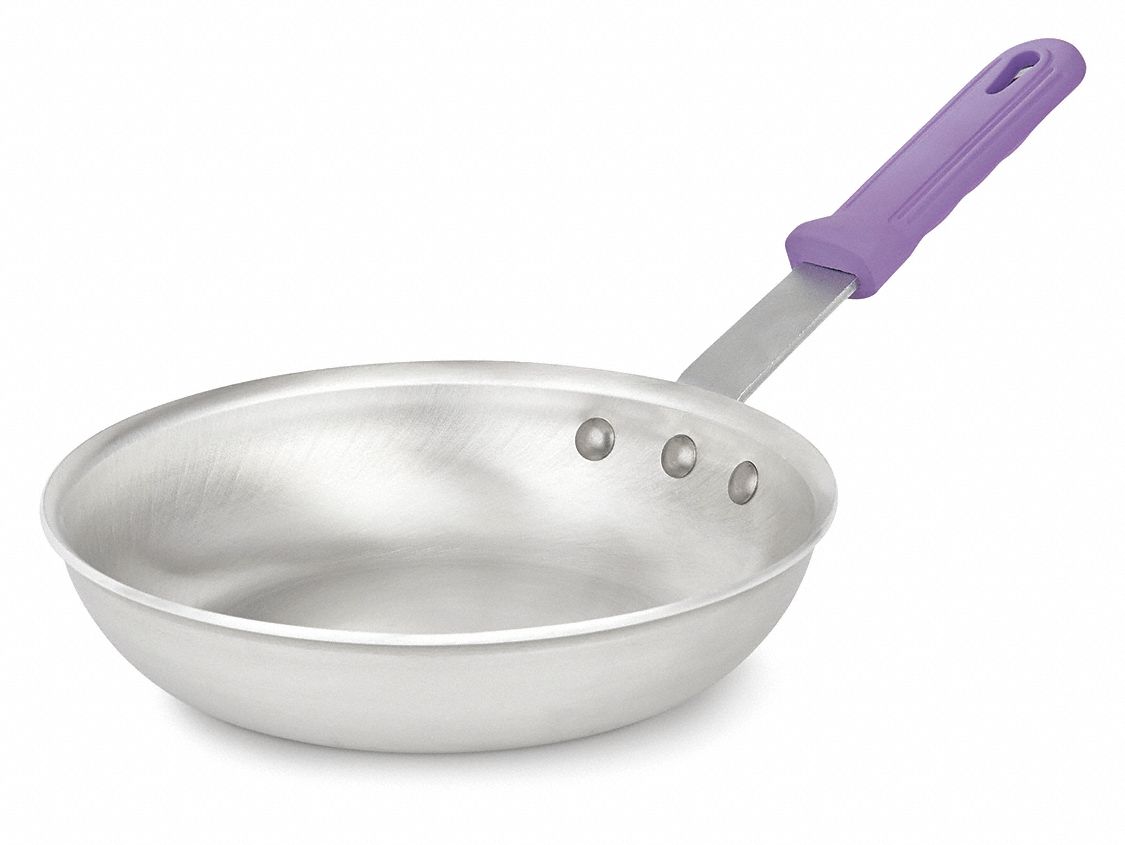 Fry Pan: 8 in Top Dia, Aluminum, Silver, Silicone, NSF Certified, Natural, Aluminum, Purple