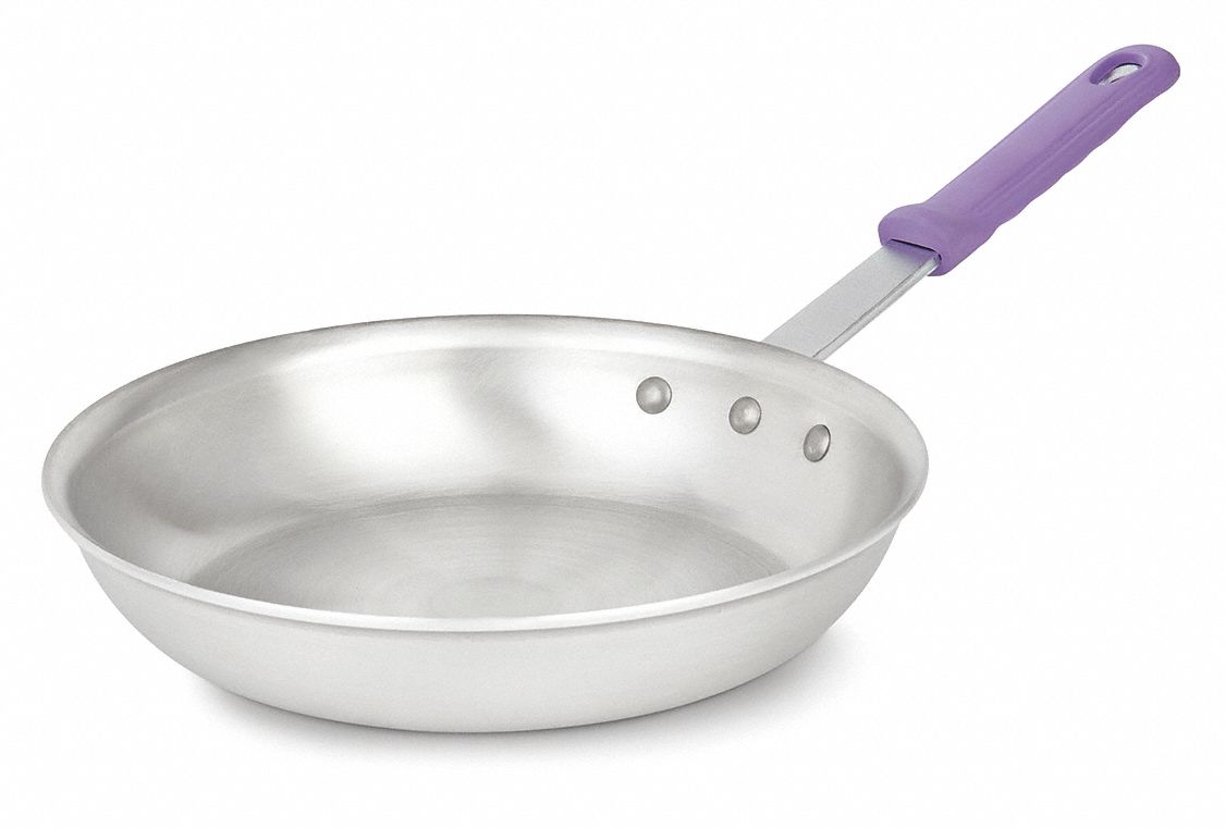 Fry Pan: 10 in Top Dia, Aluminum, Silver, Silicone, NSF Certified, Natural, Aluminum