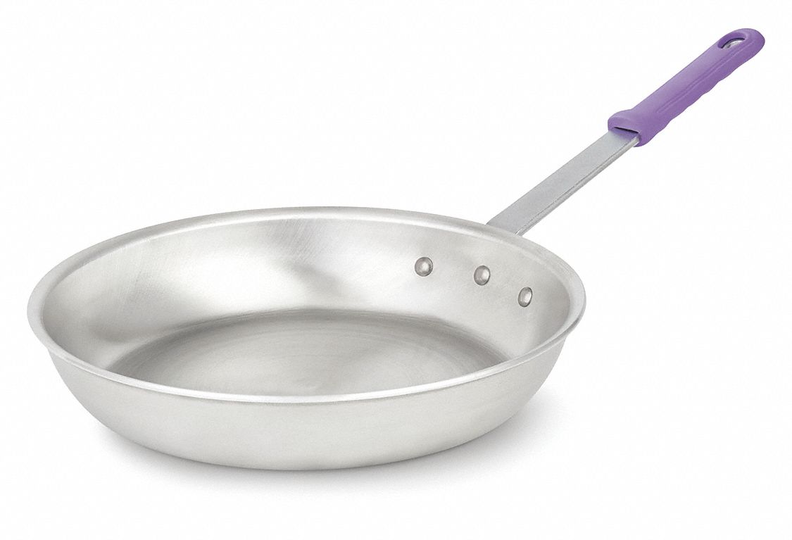 Fry Pan: 12 in Top Dia, Aluminum, Silver, Silicone, NSF Certified, Natural, Aluminum