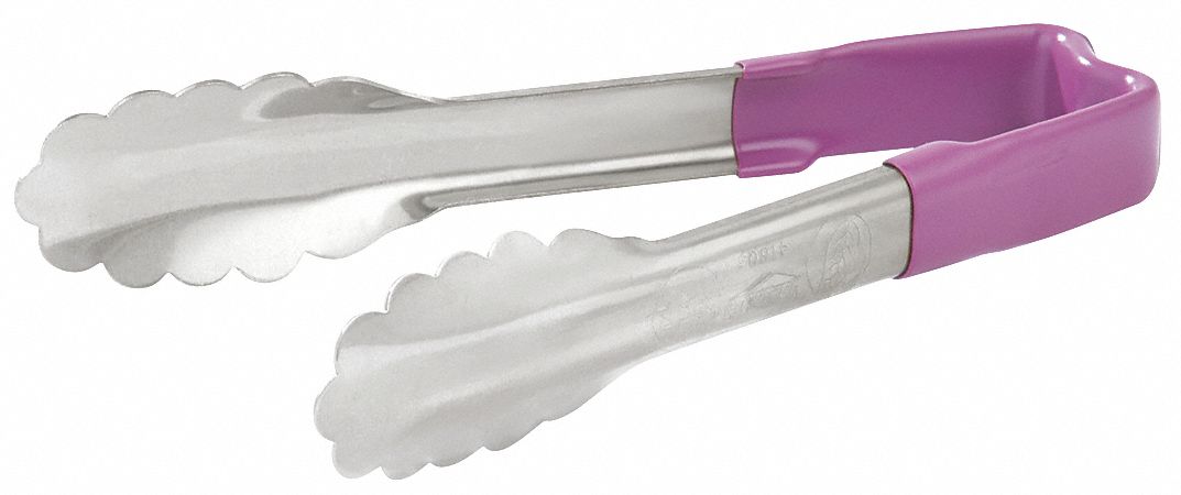 Uncoated Scalloped Tongs: Stainless Steel Blade, 6 in Overall Lg, Purple, Coated Handle