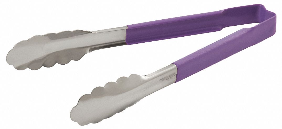 Uncoated Scalloped Tongs: Stainless Steel Blade, 9 1/2 in Overall Lg, Purple, Coated Handle
