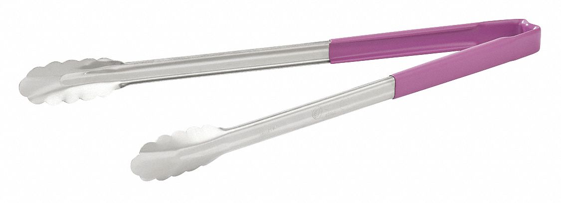 Uncoated Scalloped Tongs: Stainless Steel Blade, 16 in Overall Lg, Purple, Coated Handle