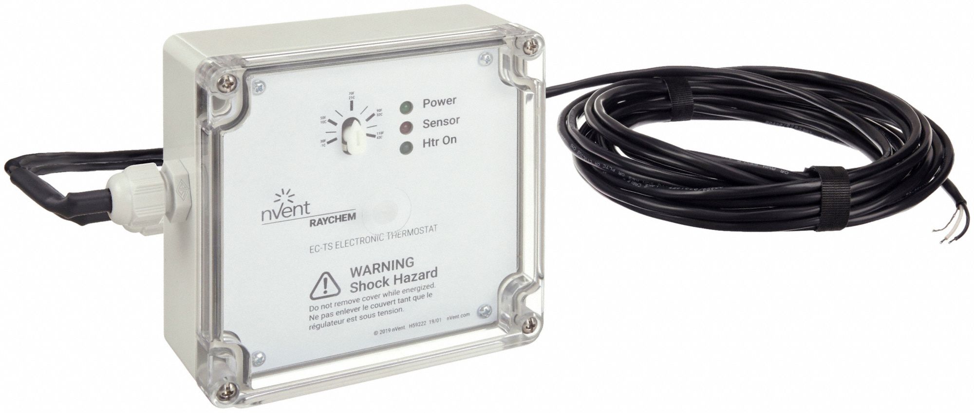 Line Volt Electronic Tstat: Heat Only, Heat-Off, 30° to 110°F, Exposed Dial/Push Buttons, 1H