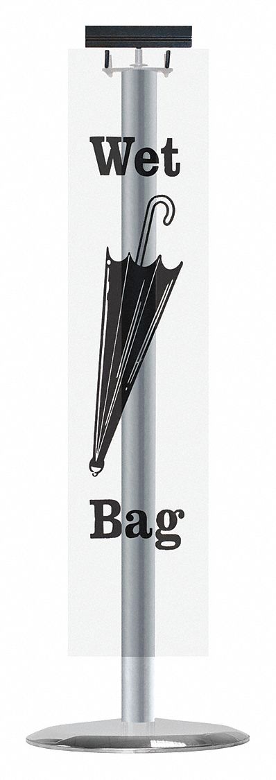 Umbrella Bag Holder: 40 in Overall Ht, Satin Aluminum, Freestanding, Not Compatible