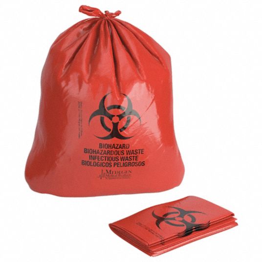 APPROVED VENDOR Biohazard Bags: 55 gal Capacity, 43 in Wd, 55 in Ht,  Biohazard, Red, 100 PK