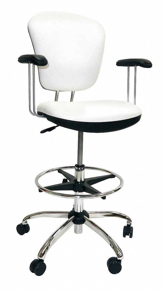 Task Chair: Fixed Arm, White, Vinyl, 300 lb Wt Capacity, 17 in to 25 in Nom. Seat Ht. Range