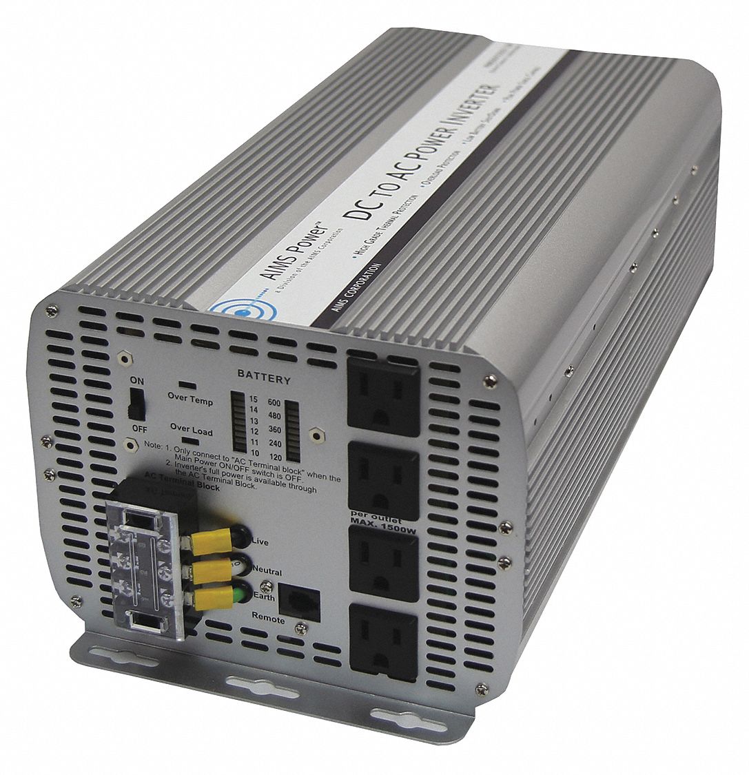 Inverter: 115V AC Output, 10 to 16V DC Input, 5,000 W Nominal Output Power, 4 Outlets