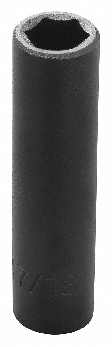 Impact Socket: 3/8 in Drive Size, SAE, 7/16 in Socket Size, 6-Point, Deep, 1 3/4 in Overall Lg