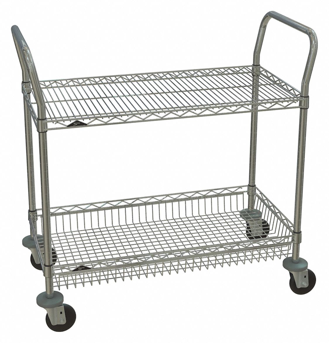 UTILITY CART WITH DEEP & SHALLOW LIPPED WIRE SHELVES, 375 LB LOAD CAPACITY, SILVER, 2 SHELVES
