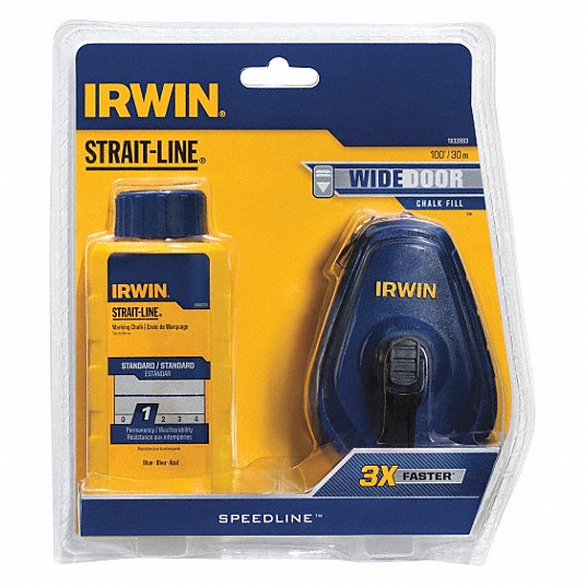 IRWIN STRAIT-LINE Chalk Line Reel Kit: 1:1, 100 ft Line Lg, Blue, 8 oz Fill  Wt, Sliding Door, Blue
