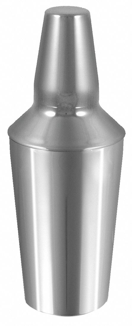 Cobbler Shaker: 8 fl oz Capacity, 6 1/2 in Overall Ht, 3 Pieces, Stainless Steel, Silver