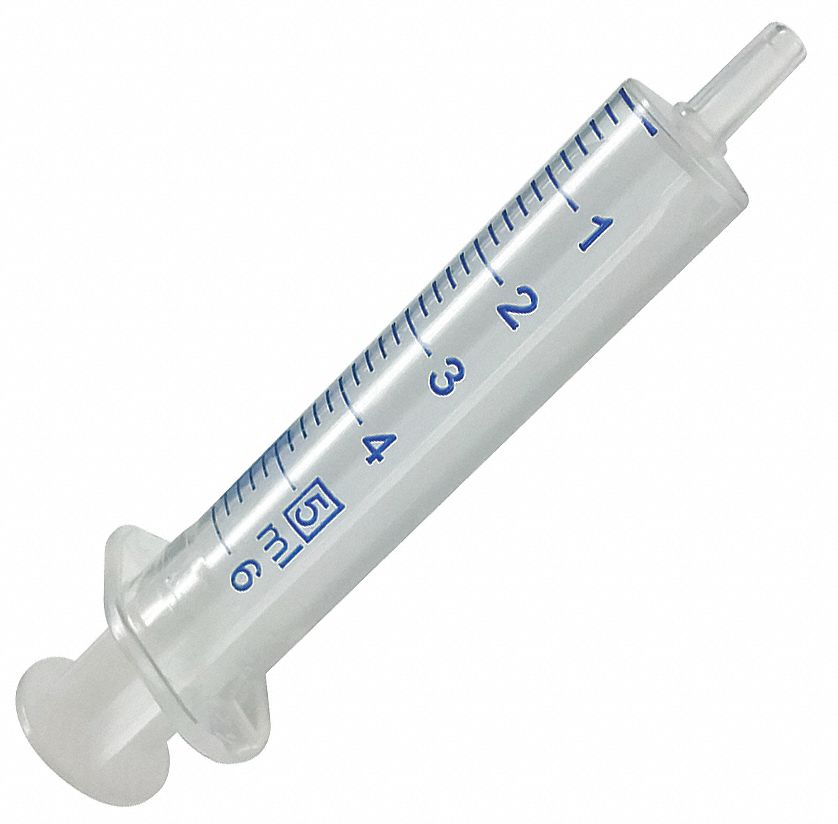 Syringe: 5 mL Capacity, Polypropylene, Clear Barrel/Natural Plunger, 100 PK