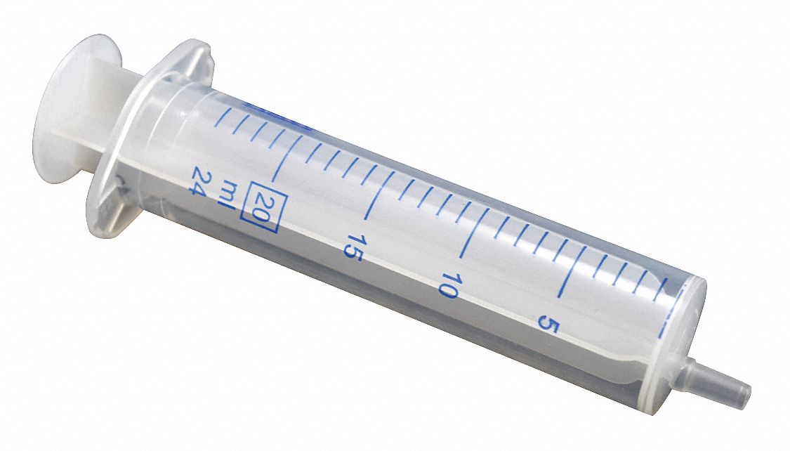 Syringe: 20 mL Capacity, Polypropylene, Clear Barrel/Natural Plunger, 100 PK