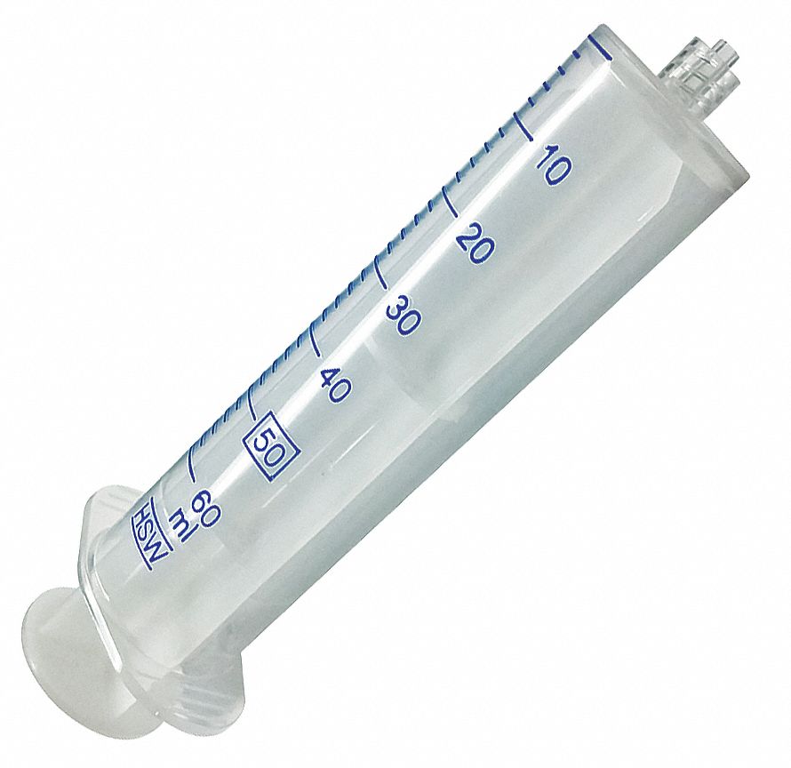 Syringe: 50 mL Capacity, Polypropylene, Clear, 5.9 in Lg, 30 PK
