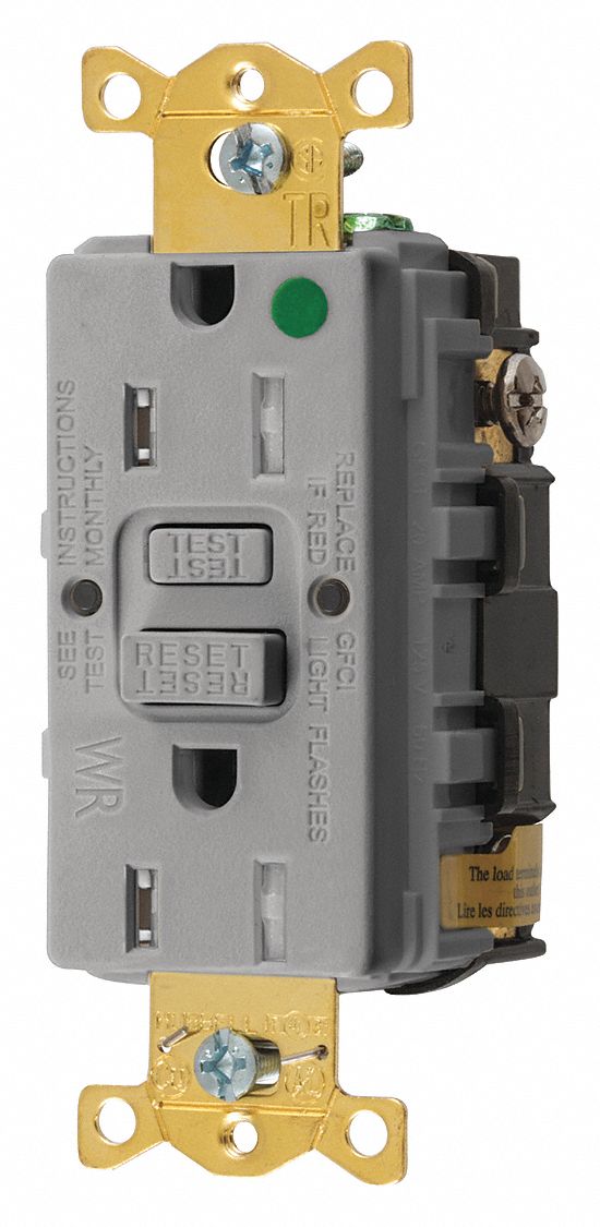 GFCI RECEPTACLE, DUPLEX, 5-15R, 15 A, 125V AC, GREY, 2 POLE/3 WIRE POLES AND WIRES