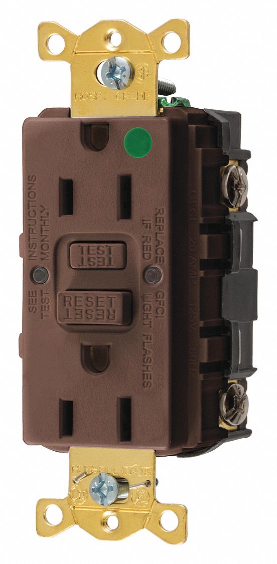 GFCI RECEPTACLE, DUPLEX, 5-15R, 15 A, 125V AC, BROWN, 2 POLE/3 WIRE POLES AND WIRES