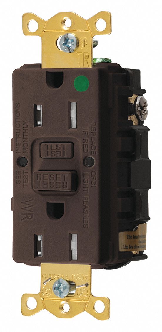 GFCI RECEPTACLE, DUPLEX, 5-15R, 15 A, 125V AC, BROWN, 2 POLE/3 WIRE POLES AND WIRES