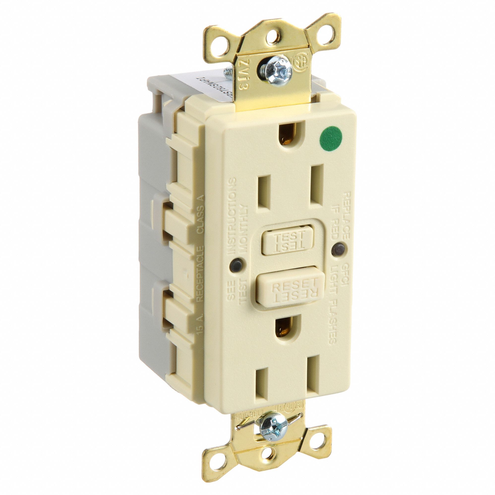 GFCI Receptacle: Decorator Duplex, 5-15R, 15 A, 125V AC, Ivory, Modular Wiring, Gen Purpose