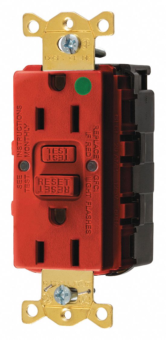 STRAIGHT BLADE GFCI RECEPTACLE, 125 V AC, 1½ IN D, RED HOUSING, 2 POLES, 1 PHASE, #12 AWG