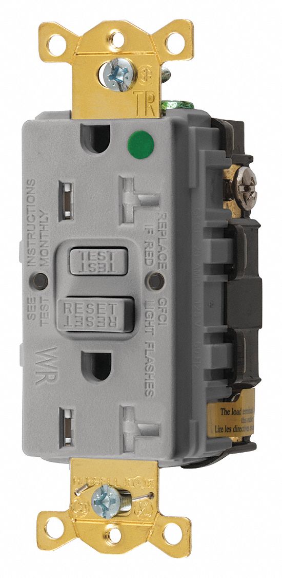 GFCI RECEPTACLE, DUPLEX, 5-20R, 20 A, 125V AC, GREY, 2 POLE/3 WIRE POLES AND WIRES