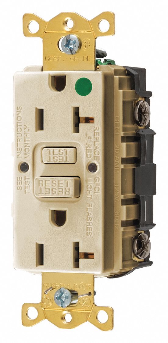 GFCI RECEPTACLE, DUPLEX, 5-20R, 20 A, 125V AC, IVORY, 2 POLE/3 WIRE POLES AND WIRES