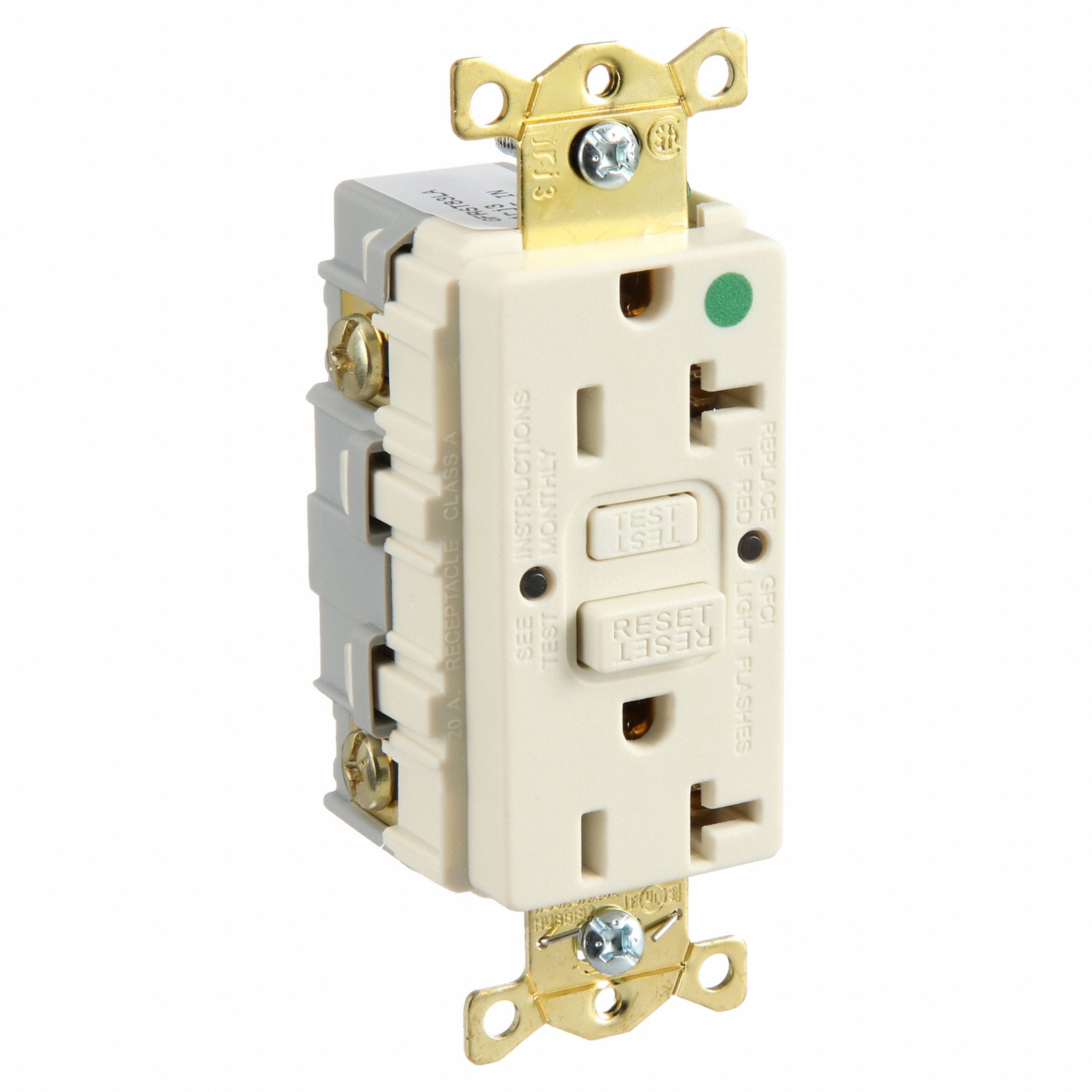 GFCI Receptacle: Duplex, 5-20R, 20 A, 125V AC, Light Almond, 2 Pole / 3 Wire Poles & Wires