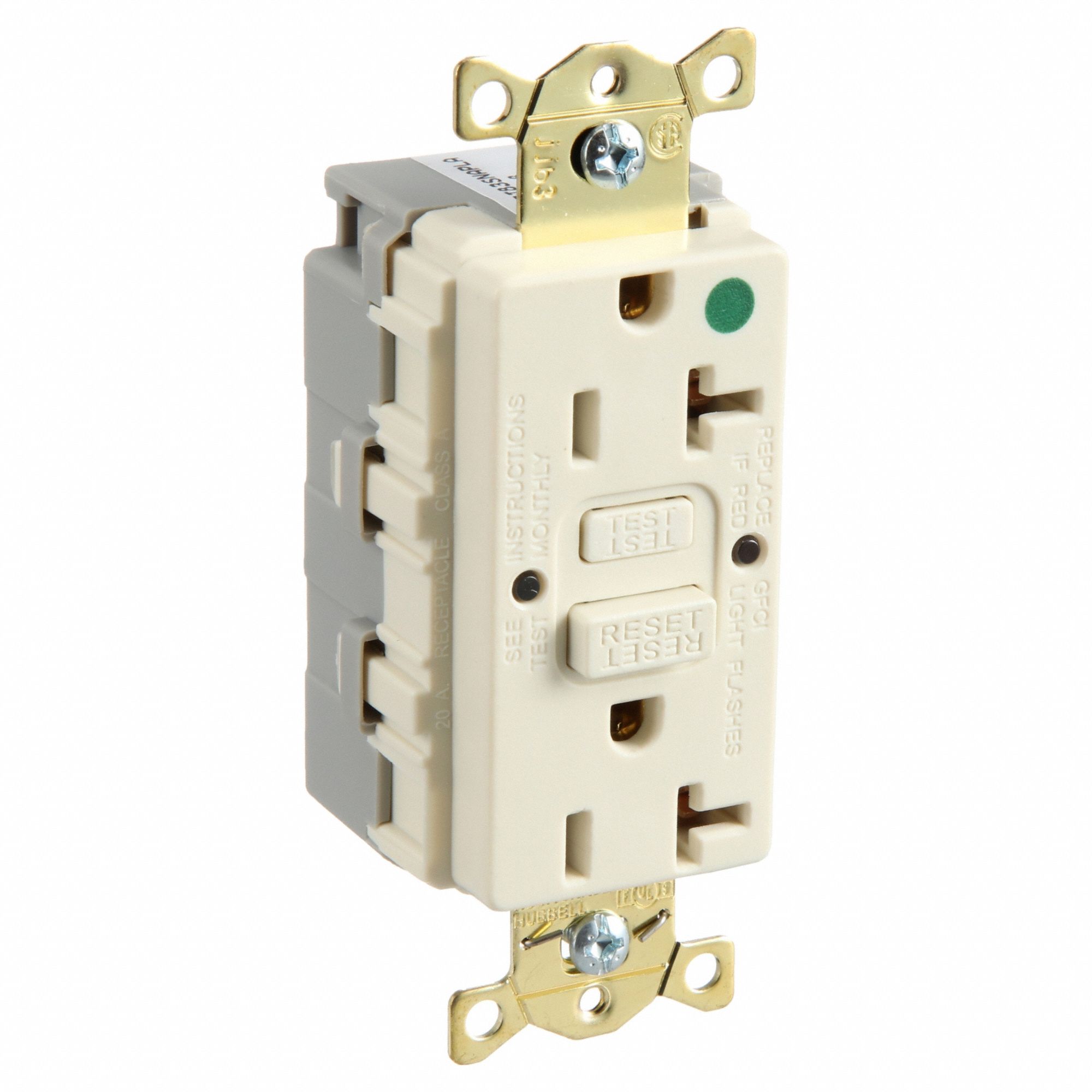 GFCI Receptacle: Decorator Duplex, 5-20R, 20 A, 125V AC, Light Almond, Modular Wiring