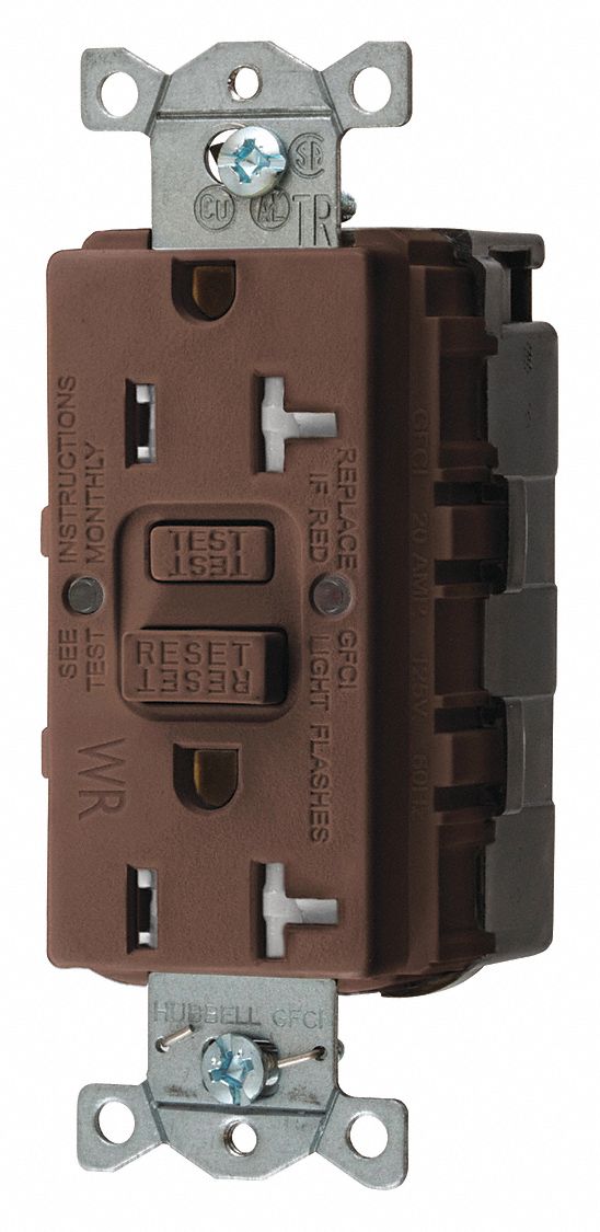 GFCI Receptacle: Decorator Duplex, Brown, 5-20R, 20 A, 125V AC, 2 Pole / 3 Wire, Gen Use