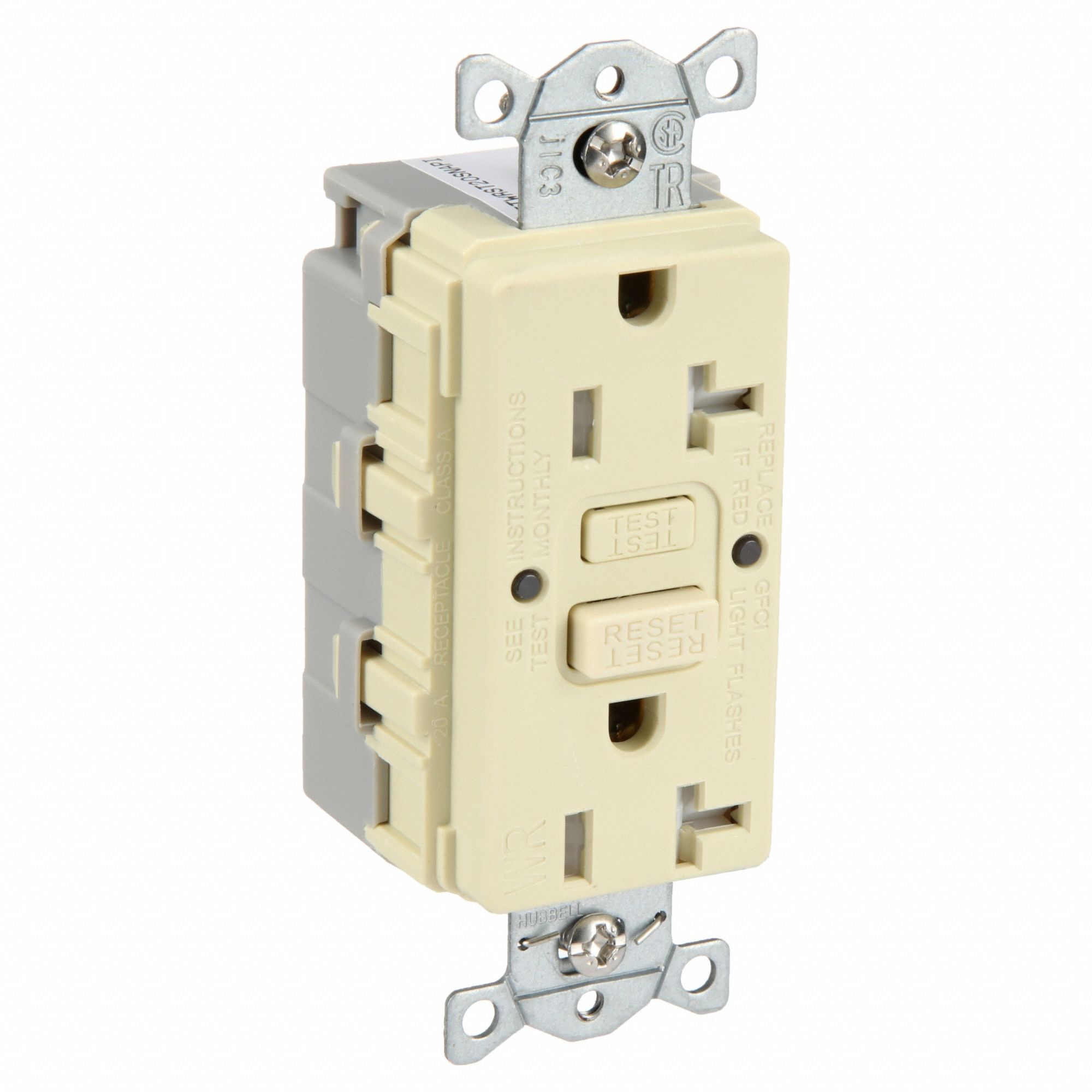 GFCI Receptacle: Decorator Duplex, Ivory, 5-20R, 20 A, 125V AC, 2 Pole / 3 Wire, Gen Use