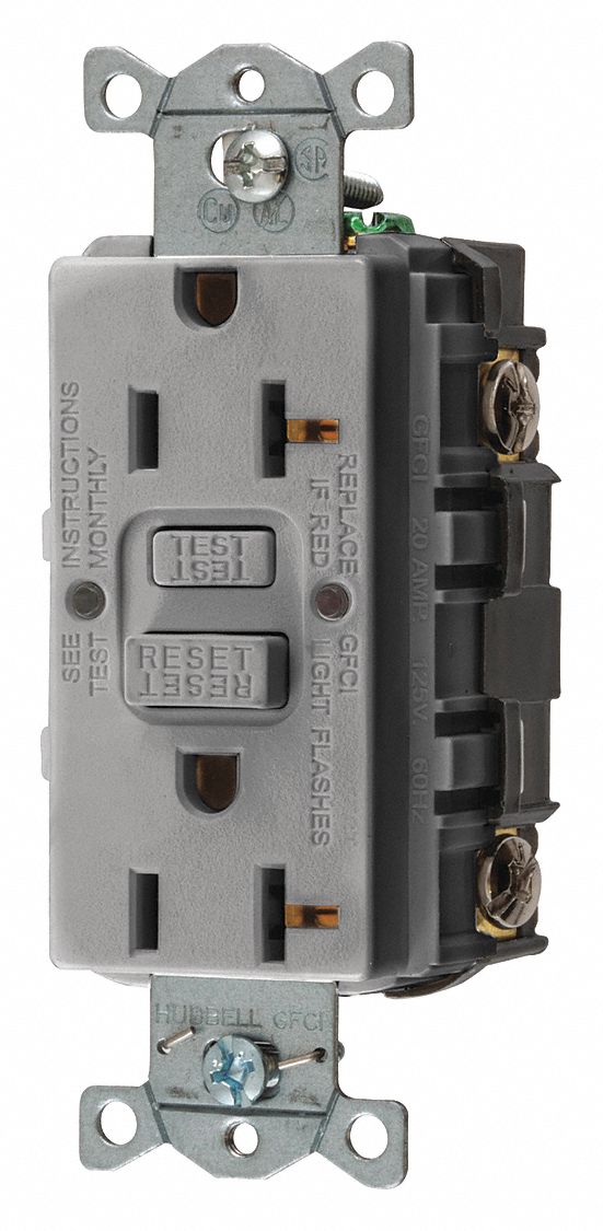 GFCI RECEPTACLE, DUPLEX, 5-20R, 125V AC, 20 A, GREY, 2 POLE/3 WIRE, SCREW TERMINALS