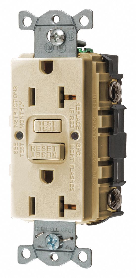 GFCI RECEPTACLE, DUPLEX, 5-20R, 125V AC, 20 A, IVORY, 2 POLE/3 WIRE, SCREW TERMINALS