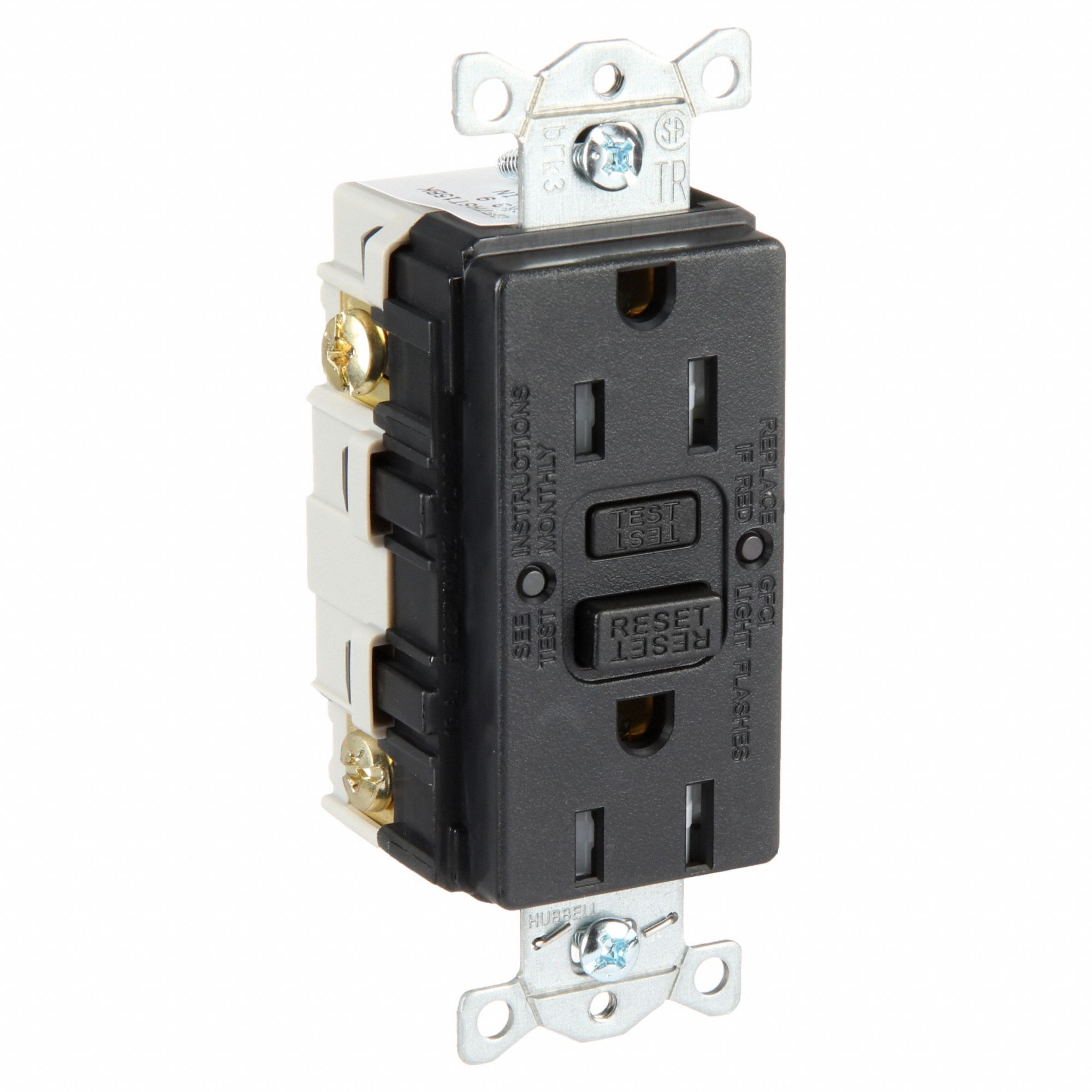 GFCI Receptacle: Duplex, Black, 5-15R, 15 A, 125V AC, 2 Pole / 3 Wire, Screw Terminals