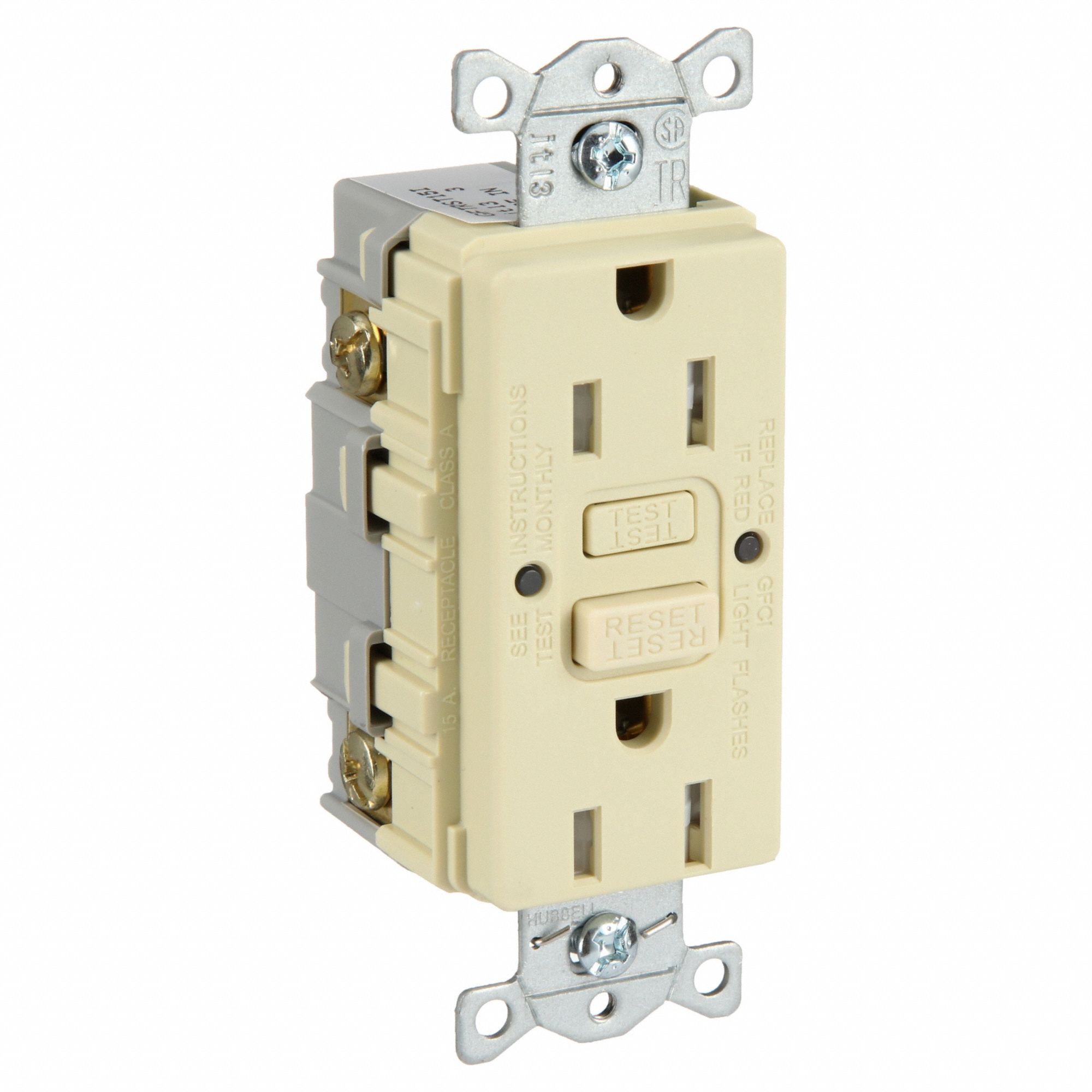 GFCI RECEPTACLE, DUPLEX, IVORY, 5-15R, 15 A, 125V AC, 2 POLE/3 WIRE, SCREW TERMINALS