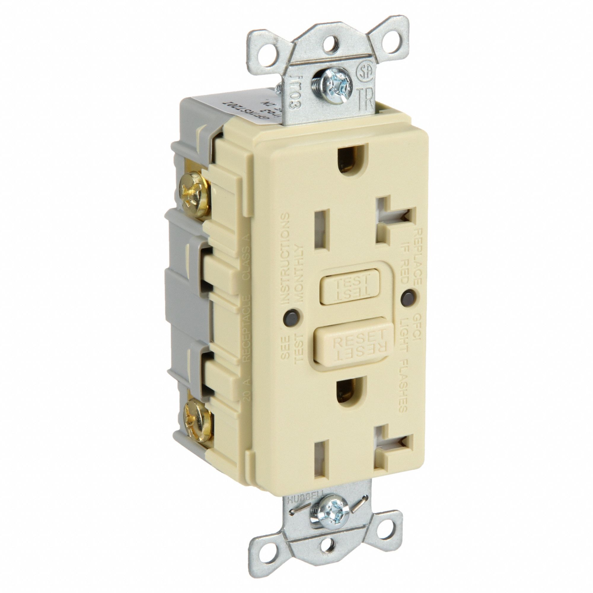 GFCI RECEPTACLE, DUPLEX, IVORY, 5-20R, 20 A, 125V AC, 2 POLE/3 WIRE, SCREW TERMINALS