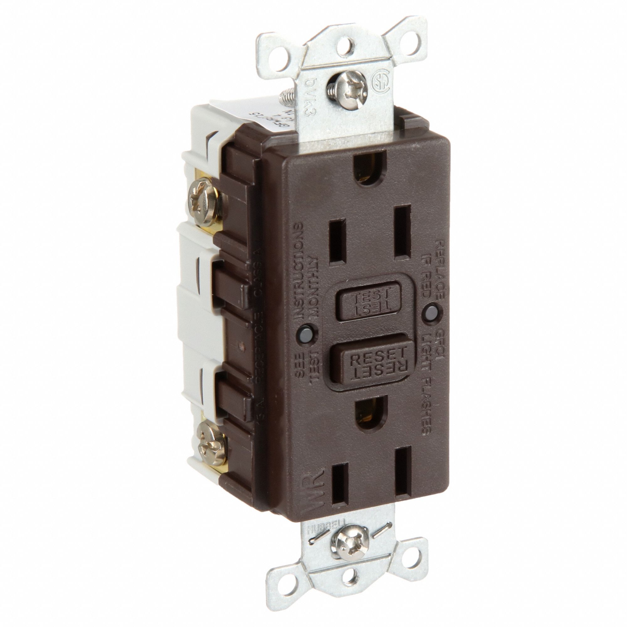 GFCI Receptacle: Duplex, Brown, 5-15R, 15 A, 125V AC, 2 Pole / 3 Wire, Screw Terminals
