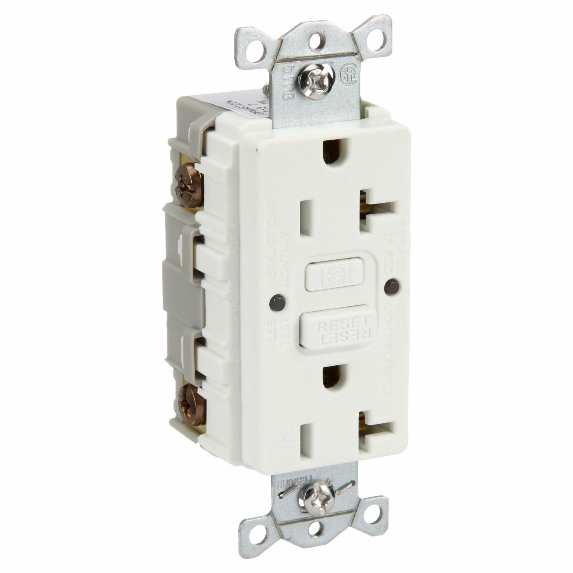 GFCI Receptacle: Duplex, White, 5-20R, 20 A, 125V AC, 2 Pole / 3 Wire, Screw Terminals