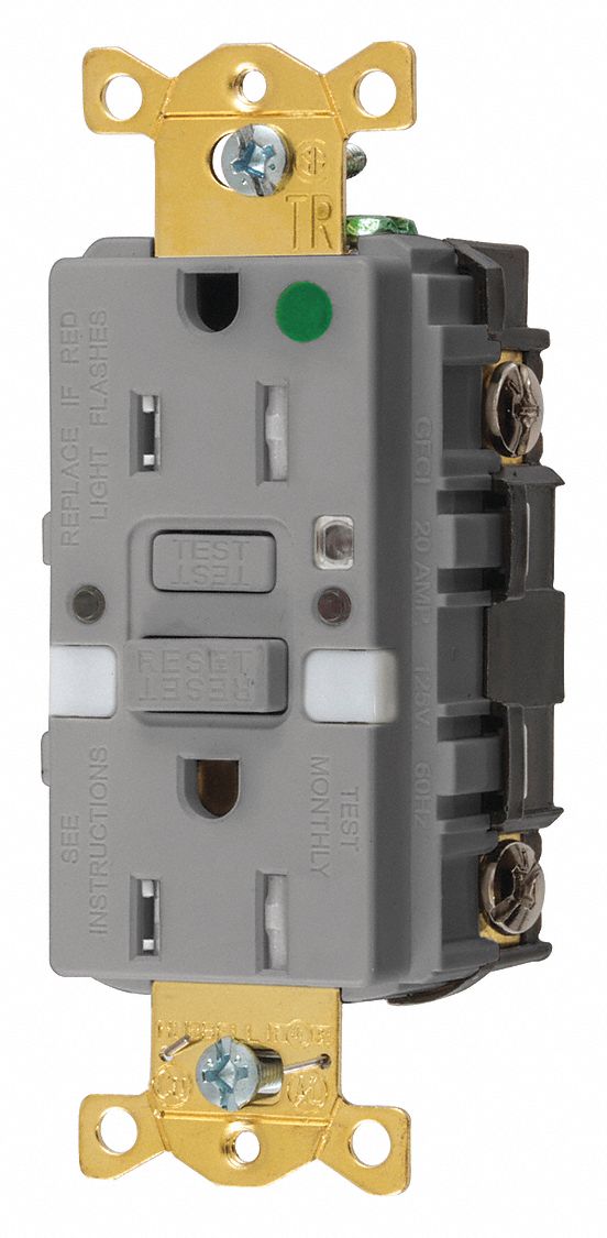 GFCI Receptacle: Duplex, 5-15R, 15 A, 125V AC, Gray, 2 Pole / 3 Wire Poles & Wires